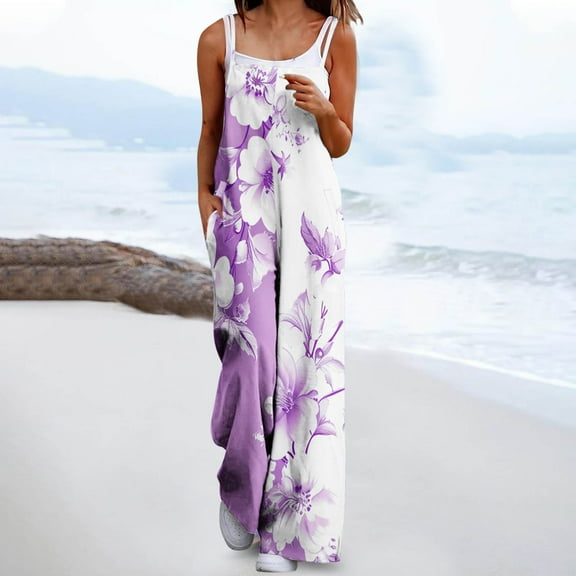 Wancir Womens Casual Jumpsuits Loose Overalls Summer Sleeveless Stretchy Wide Leg Long Pants Romper with Pockets