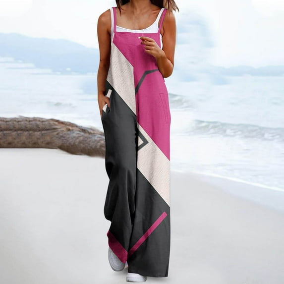 Wancir Womens Casual Jumpsuits Loose Overalls Summer Sleeveless Stretchy Wide Leg Long Pants Romper with Pockets