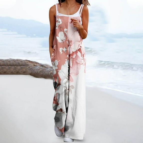 Wancir Womens Casual Jumpsuits Loose Overalls Summer Sleeveless Stretchy Wide Leg Long Pants Romper with Pockets