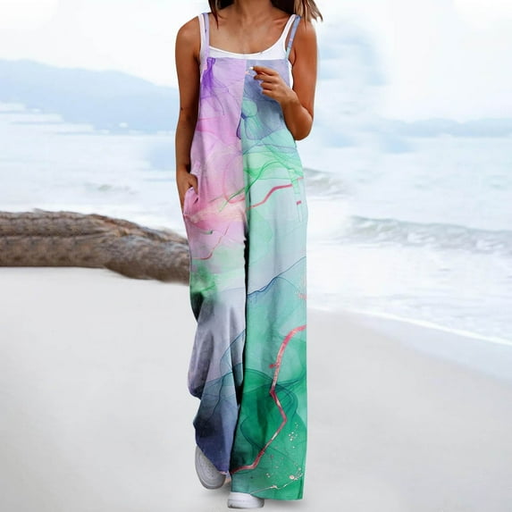 Wancir Womens Casual Jumpsuits Loose Overalls Summer Sleeveless Stretchy Wide Leg Long Pants Romper with Pockets