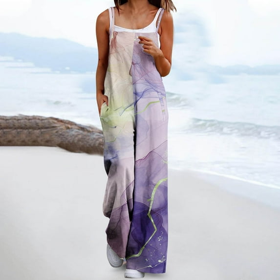 Wancir Womens Casual Jumpsuits Loose Overalls Summer Sleeveless Stretchy Wide Leg Long Pants Romper with Pockets