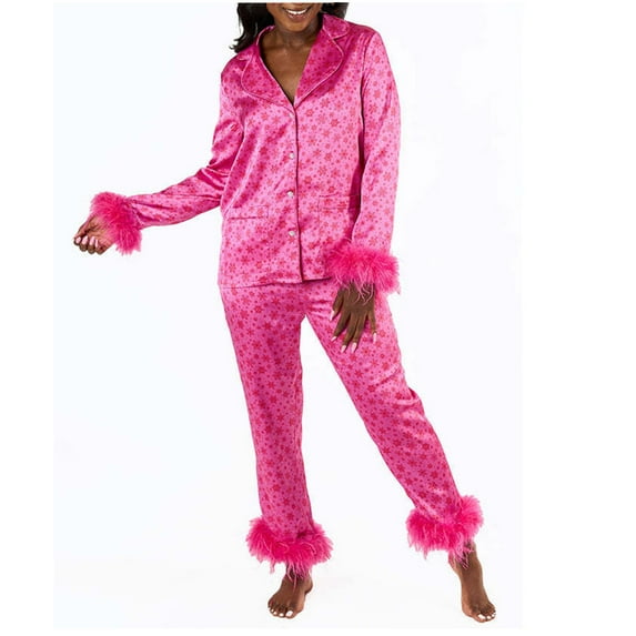 Wancir Womens Christmas Pajamas Sets Long Sleeve Button Fur Trim Shirt Matching Pants 2 Piece Lounge Set Sleepwear