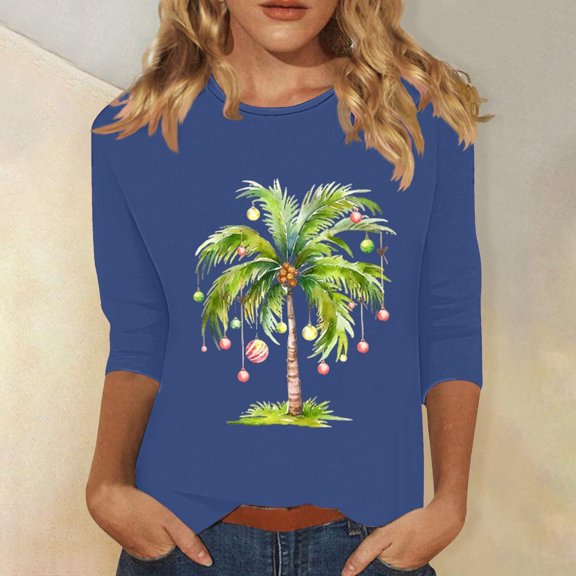 Wancir Womens Christmas Shirts Printed Tshirts Tops Trendy Christmas Tree 3/4 Length Sleeve Round Neck Loose Fit Pullover
