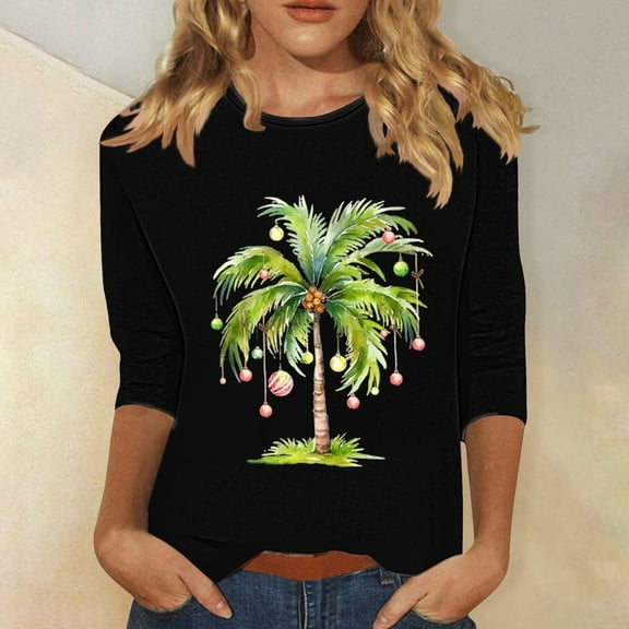 Wancir Womens Christmas Shirts Printed Tshirts Tops Trendy Christmas Tree 3/4 Length Sleeve Round Neck Loose Fit Pullover