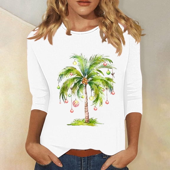Wancir Womens Christmas Shirts Printed Tshirts Tops Trendy Christmas Tree 3/4 Length Sleeve Round Neck Loose Fit Pullover