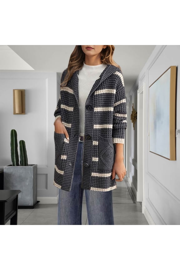 Wancir Womens Color Block Striped Button Up Hooded Chunky Knit Midi Cardigan Long Sleeve Open Front Sweater Coat with Pockets