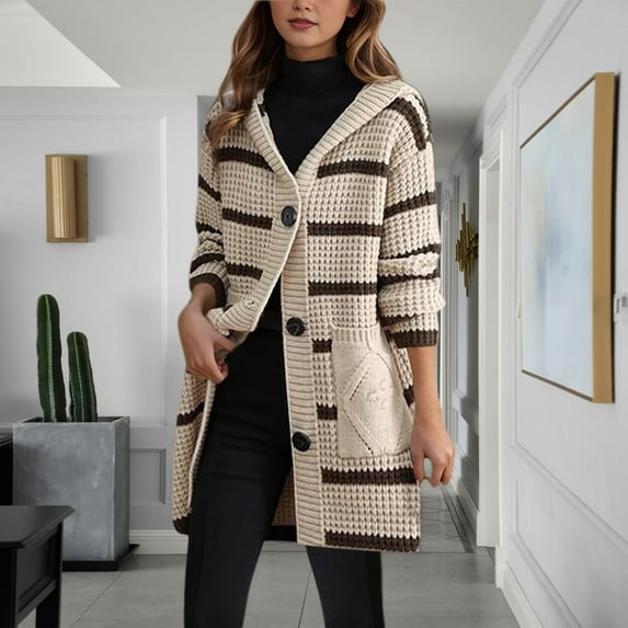 Wancir Womens Color Block Striped Button Up Hooded Chunky Knit Midi Cardigan Long Sleeve Open Front Sweater Coat with Pockets