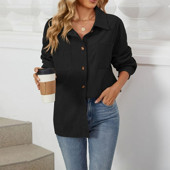 Wancir Womens Corduroy Button Down Shirts Boyfriend Long Sleeve Oversized Blouses Tops
