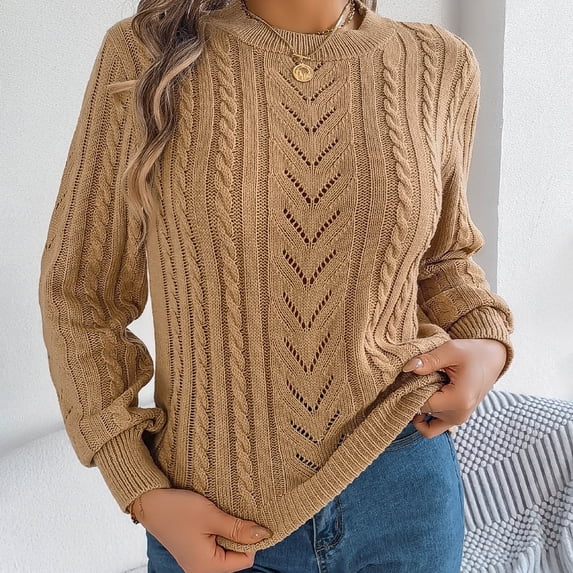 Wancir Womens Crewneck Crochet Lace Long Sleeve Hollow Out Cable Knit Sweaters Pullover Tops