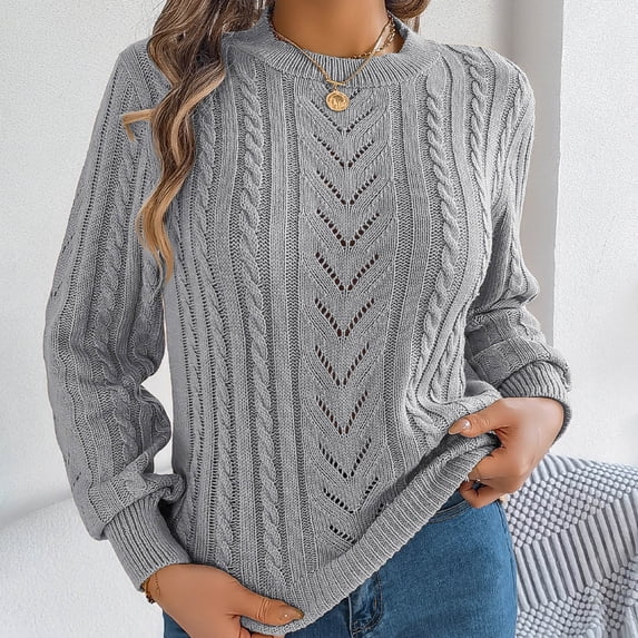 Wancir Womens Crewneck Crochet Lace Long Sleeve Hollow Out Cable Knit Sweaters Pullover Tops