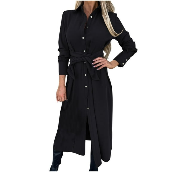 Wancir Womens Dresses Shirt Dress Turndown Collar Single Breasted Belt Long Sleeve Slit Maxi Dress
