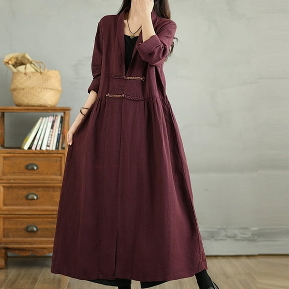 Wancir Womens Fall Winter Dress 2024 Cotton Linen Long Sleeve Button Lapel Neck Maxi Shirt Dresses Plus Size A Line Dress