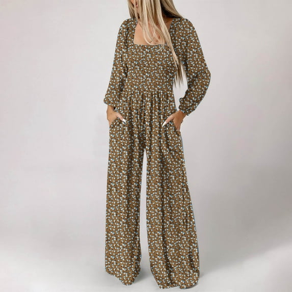 Wancir Womens Fashion Loose Long Sleeve Print Pockets Wide Leg Jumpsuit