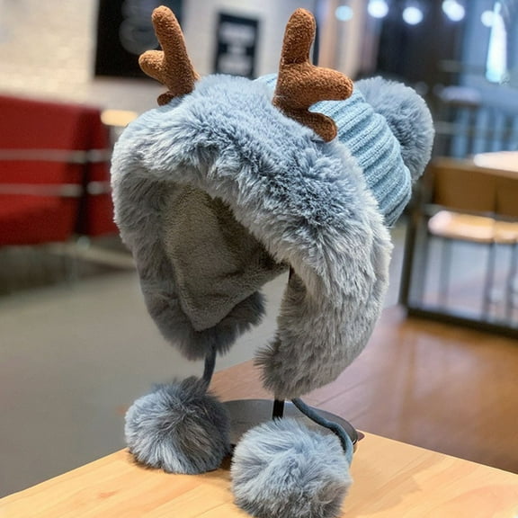 Wancir Womens Fur Hats with Pompom for Winter Warm Knit Beanie Skull Cap Trapper Hat with Ear Cover