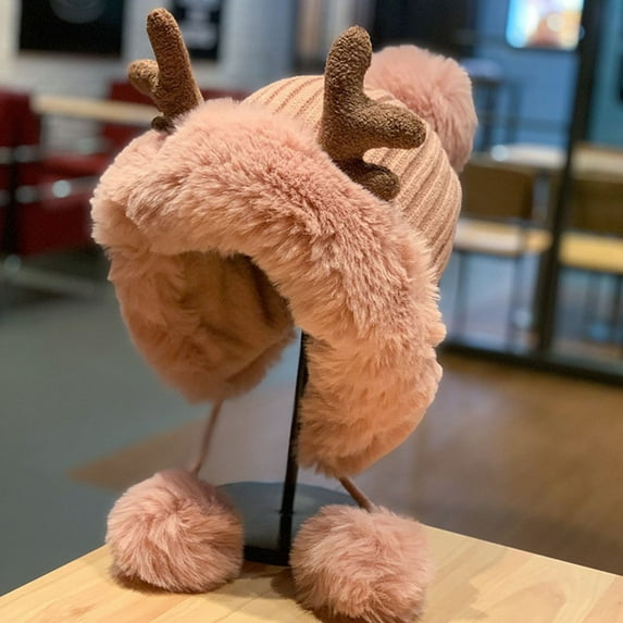 Wancir Womens Fur Hats with Pompom for Winter Warm Knit Beanie Skull Cap Trapper Hat with Ear Cover