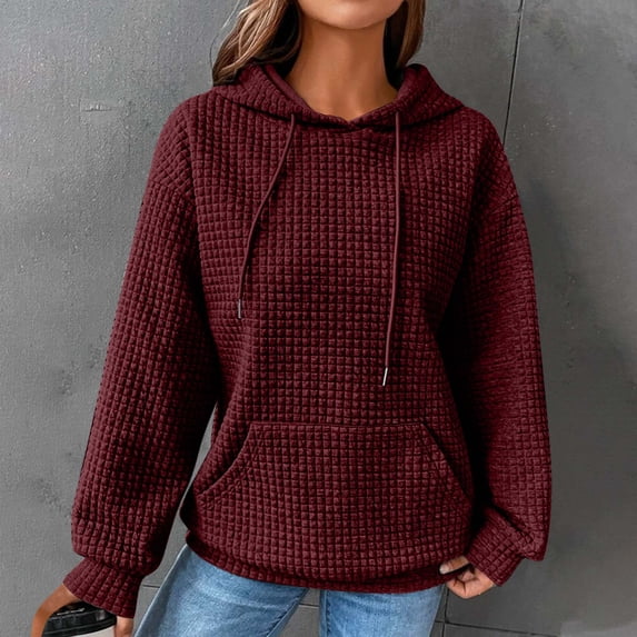 Wancir Womens Hoodies Casual Long Sleeve Drawstring Waffle Pullover Tops Loose Hooded Sweatshirt with Pocket