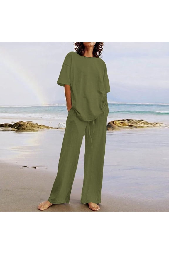 Wancir Womens Linen 2 Piece Outfits Lounge Sets Short Sleeve Shirts Casual Wide Leg Pants Tracksuit Pajamas Sets