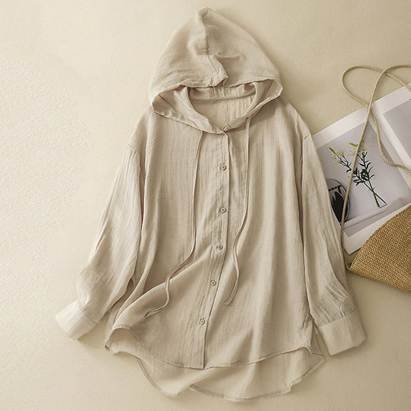 Wancir Womens Long Sleeve Button Down Cotton Linen Shirt Blouse Loose Fit Casual V-Neck Hoodie Tops