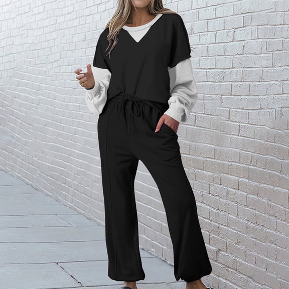 Wancir Womens Long Sleeve Crewneck Color Block Sweatshirt with Jogger Pants 2 Piece Outfits Tracksuit Lounge Set