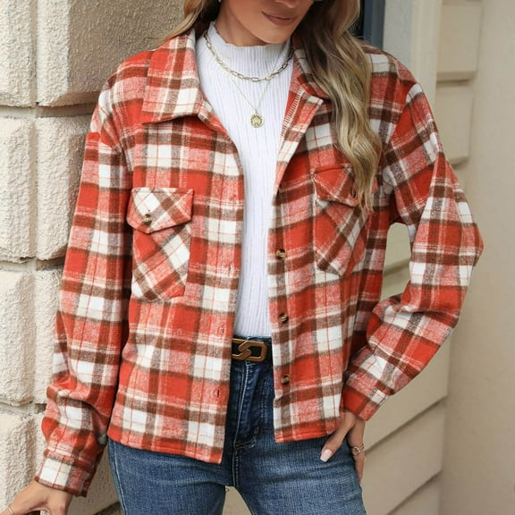 Wancir Womens Long Sleeve Plaid Shirts Lapel Button Down Shacket Jacket Coats