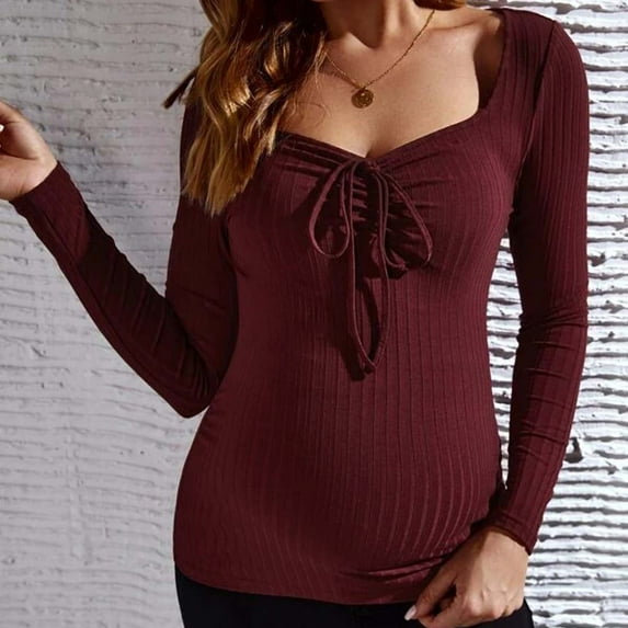 Wancir Womens Maternity Shirts, Long Sleeve V-Neck T-Shirts Side Ruched Maternity Tunic Tops Casual Pregnancy Clothes