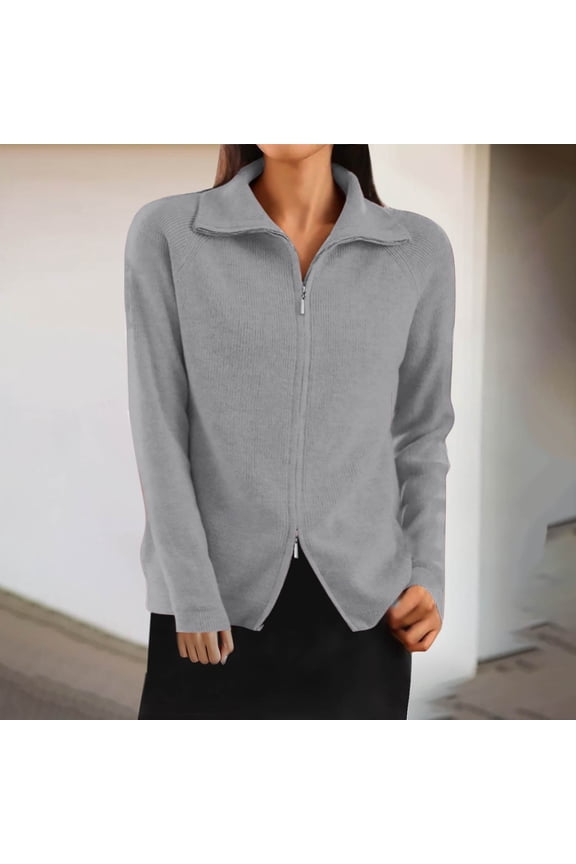 Wancir Womens Merino Wool Cardigan Sweater Lapel Double Zipper Knitted Thermal Lightweight Top Soft Jacket