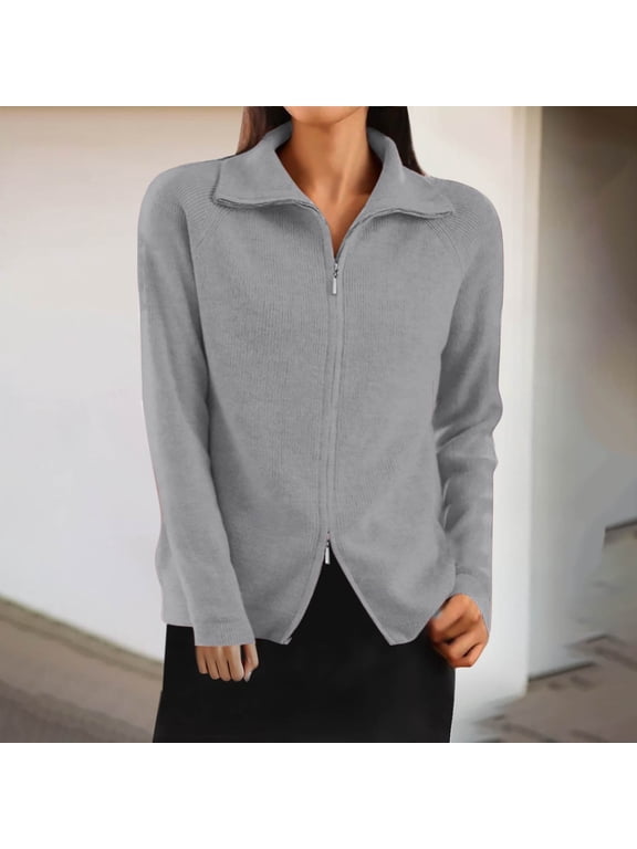 Wancir Womens Merino Wool Cardigan Sweater Lapel Double Zipper Knitted Thermal Lightweight Top Soft Jacket