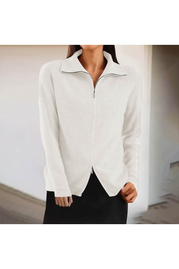 Wancir Womens Merino Wool Cardigan Sweater Lapel Double Zipper Knitted Thermal Lightweight Top Soft Jacket