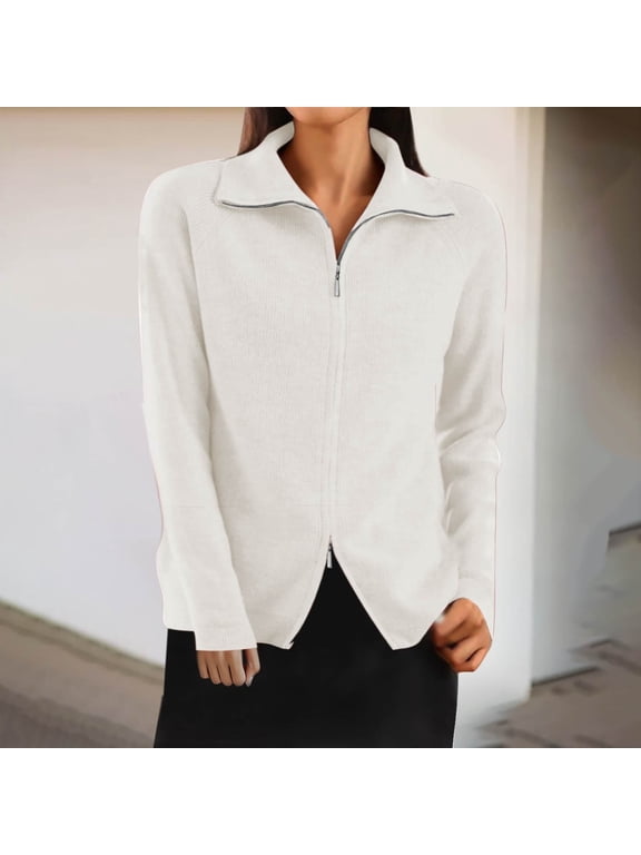 Wancir Womens Merino Wool Cardigan Sweater Lapel Double Zipper Knitted Thermal Lightweight Top Soft Jacket