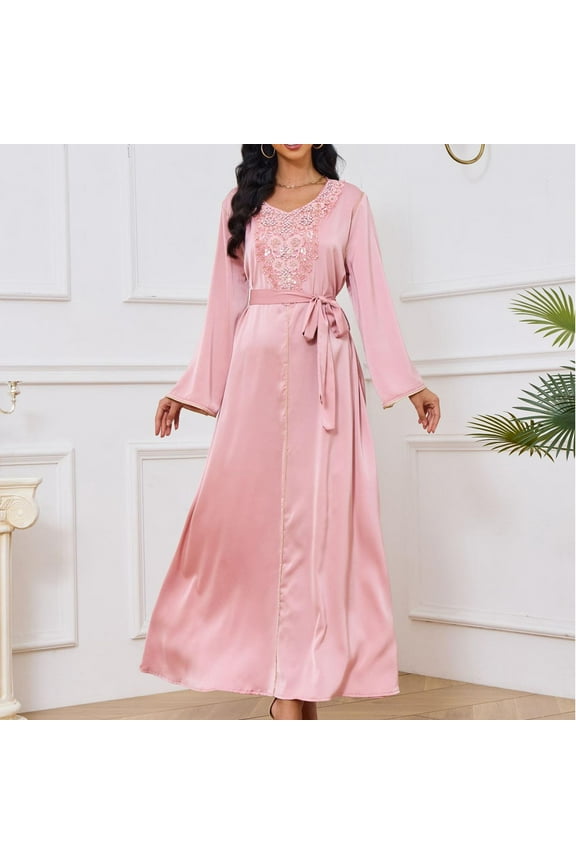 Wancir Womens Muslim Abaya Dress One-Piece V Neck Dress Islamic Full Length Kaftan Daily Casual Dress