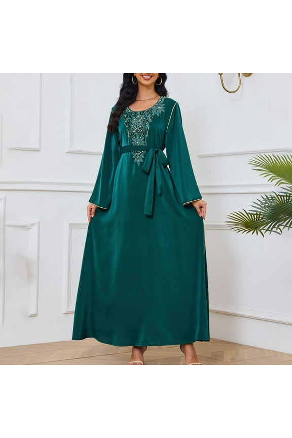 Wancir Womens Muslim Abaya Dress One-Piece V Neck Dress Islamic Full Length Kaftan Daily Casual Dress