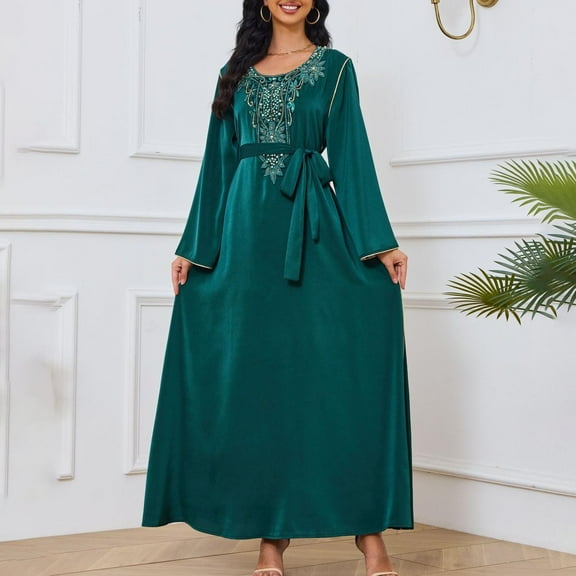 Wancir Womens Muslim Abaya Dress One-Piece V Neck Dress Islamic Full Length Kaftan Daily Casual Dress