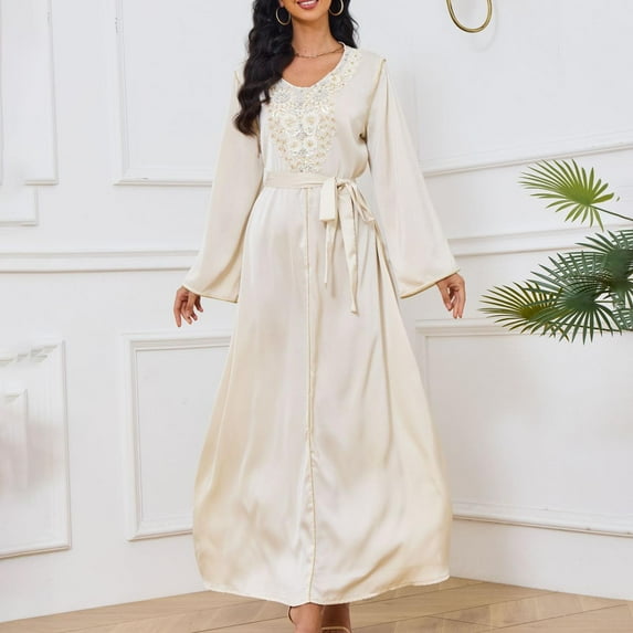 Wancir Womens Muslim Abaya Dress One-Piece V Neck Dress Islamic Full Length Kaftan Daily Casual Dress