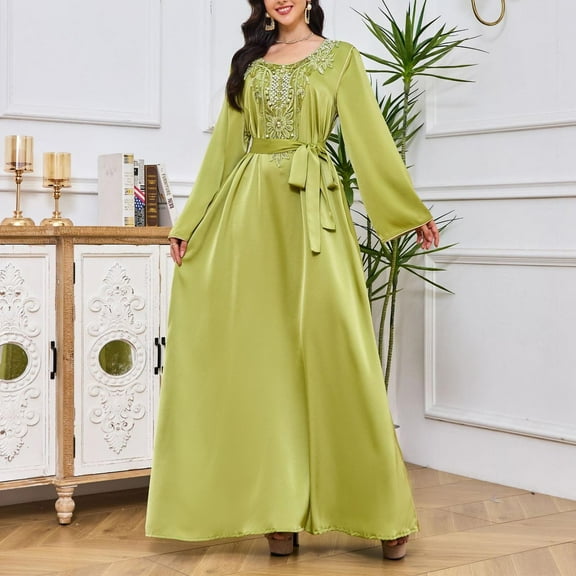Wancir Womens Muslim Abaya Dress One-Piece V Neck Dress Islamic Full Length Kaftan Daily Casual Dress