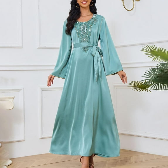 Wancir Womens Muslim Abaya Dress One-Piece V Neck Dress Islamic Full Length Kaftan Daily Casual Dress