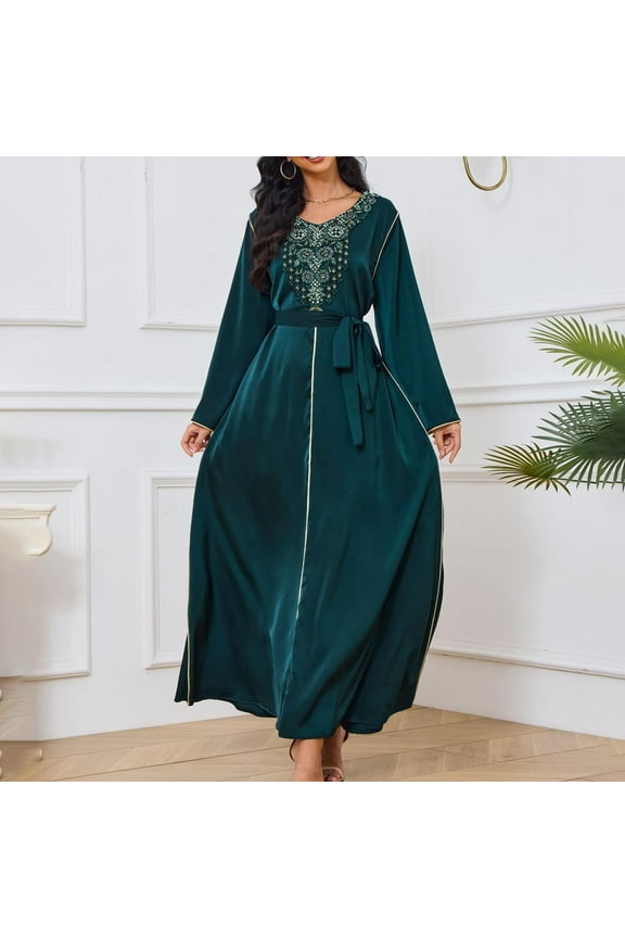 Wancir Womens Muslim Abaya Dress One-Piece V Neck Dress Islamic Full Length Kaftan Daily Casual Dress