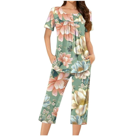 Wancir Womens Pajama Sets Soft Short Sleeve Tops with Comfy Loose Long Pants Pj Set Ladies Pajamas Sleepwear