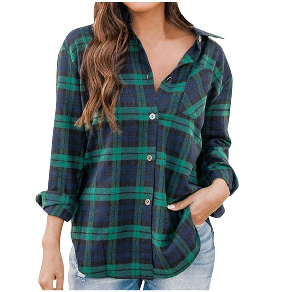 Wancir Womens Plaid Shirts Cotton Classic Long Sleeve Button Down Collared Casual Tops Lightweight Autumn Blouses