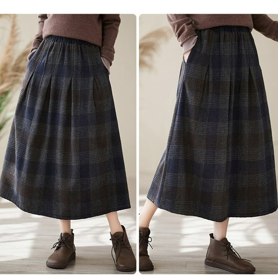 Wancir Womens Plaid Skirt Elastic Waist A-Line Victorian Tartan Maxi Skirts