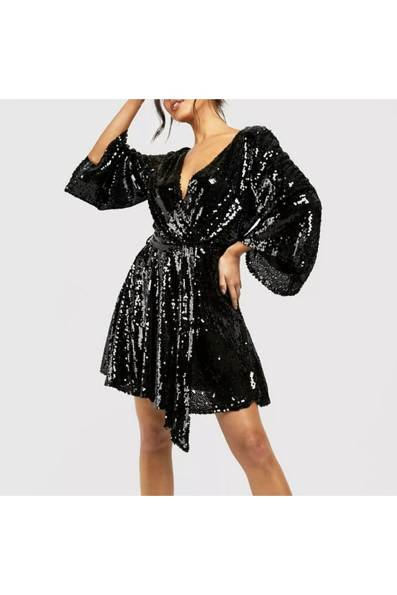 Wancir Womens Sexy Deep V Neck Sequin Formal Evening Dress Long Sleeve Sparkly Glitter Cocktail Party Dresses