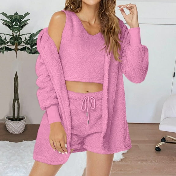Wancir Womens Sexy Warm Fuzzy Fleece 3 Piece Outfits Pajamas, Open Front Cardigan Sleeveless Tops Shorts Nightwear Set