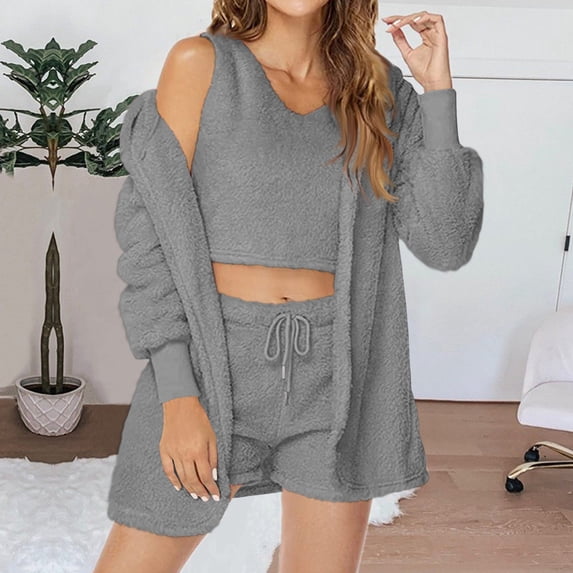 Wancir Womens Sexy Warm Fuzzy Fleece 3 Piece Outfits Pajamas, Open Front Cardigan Sleeveless Tops Shorts Nightwear Set