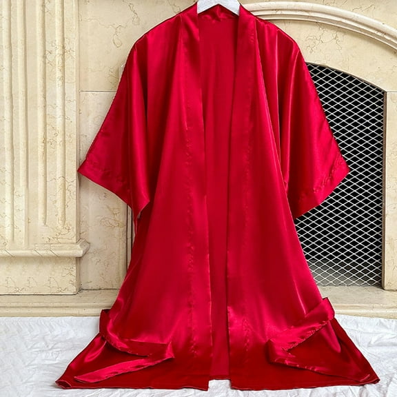 Wancir Womens Solid Color Five Quarter Sleeve Home Clothes Sexy Medium Long Style Imitation Silk Cardigan Nightgown Bathrobe