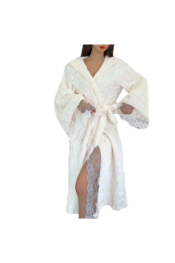 Wancir Womens Solid Color Lace Flannel Plush Hoodie Winter Loose Warm Thick Thick Long Velvet Bathrobe Bath Robes
