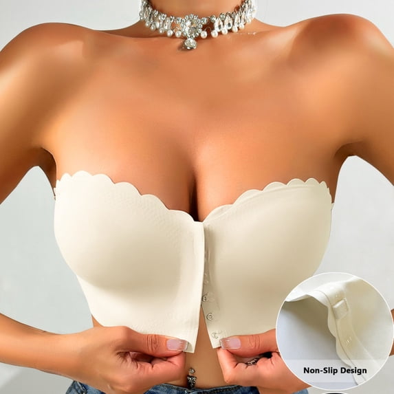 Wancir Womens Strapless Bra Non-Slip Padded Bandeau Bras Front Closure Bras for Women Wavy Trim Seamless Tube Top Bralette