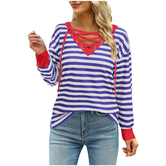Wancir Womens Striped Color Block Tops Drawstring V Neck Lace Up Shirts Casual Loose Fit Long Sleeve Pullover Sweatshirts