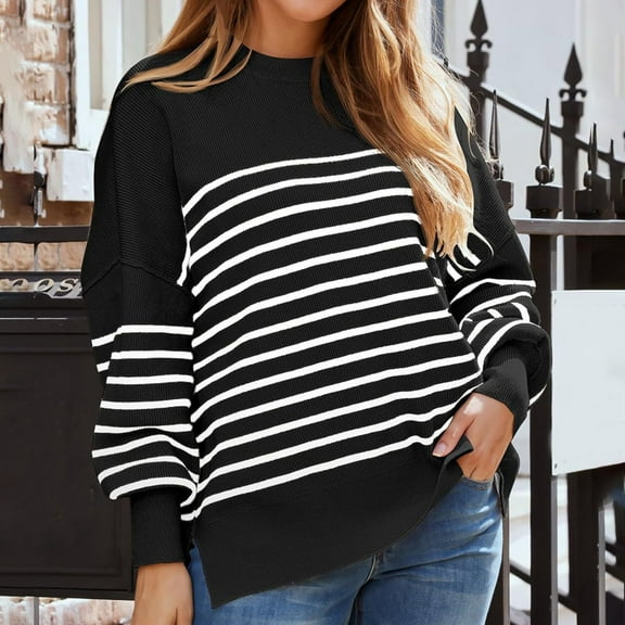 Wancir Womens Striped Sweaters Casual Cotton Knitted Long Sleeve Pullover Sweater 2024 Fashion Color Block Round Neck Tops