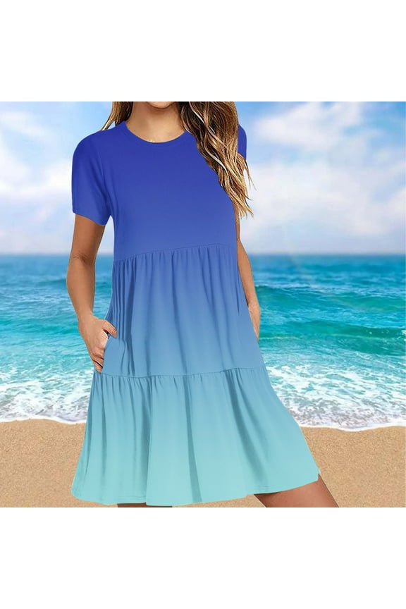 Wancir Womens Summer Striped Short Sleeve T-Shirt Dresses Casual Swing Aline Dresses with Pocket