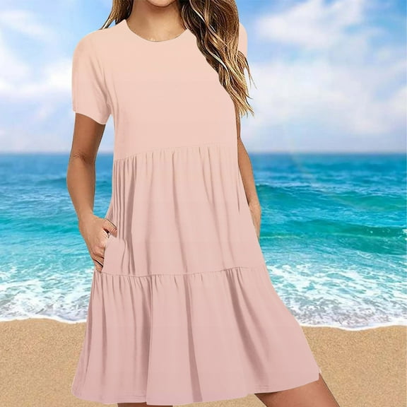 Wancir Womens Summer Striped Short Sleeve T-Shirt Dresses Casual Swing Aline Dresses with Pocket