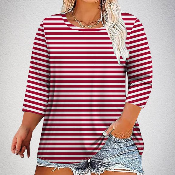 Wancir Womens Tops 3/4 Length Sleeve Crew Neck Oversized T Shirts Plus Size Floral Print Cotton Blouses Casual Shirts Fall